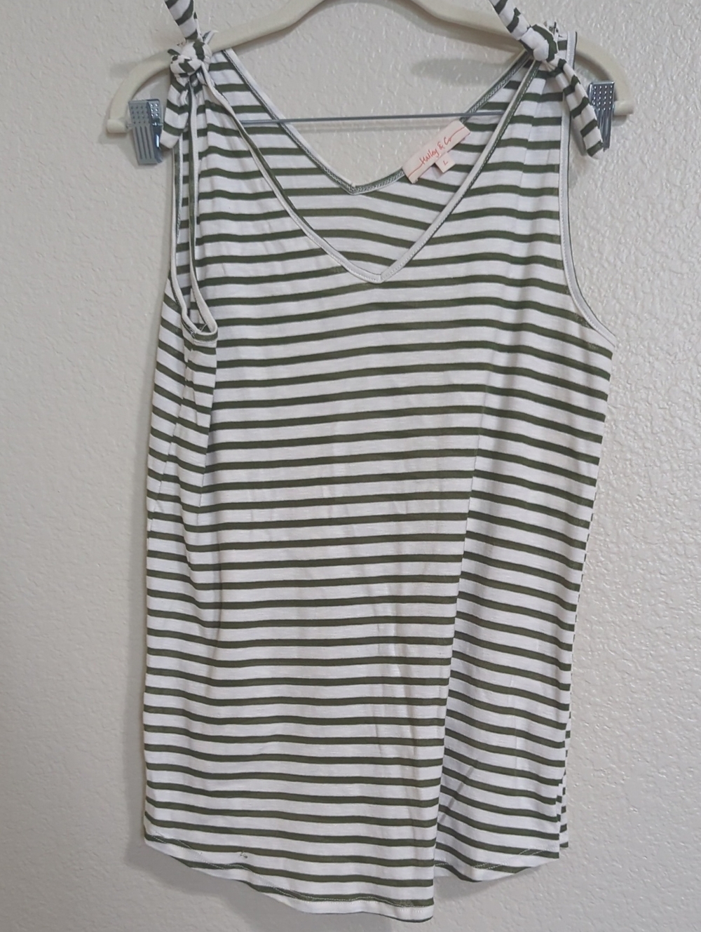 Striped Tie-Shoulder Tank Top - Olive & White